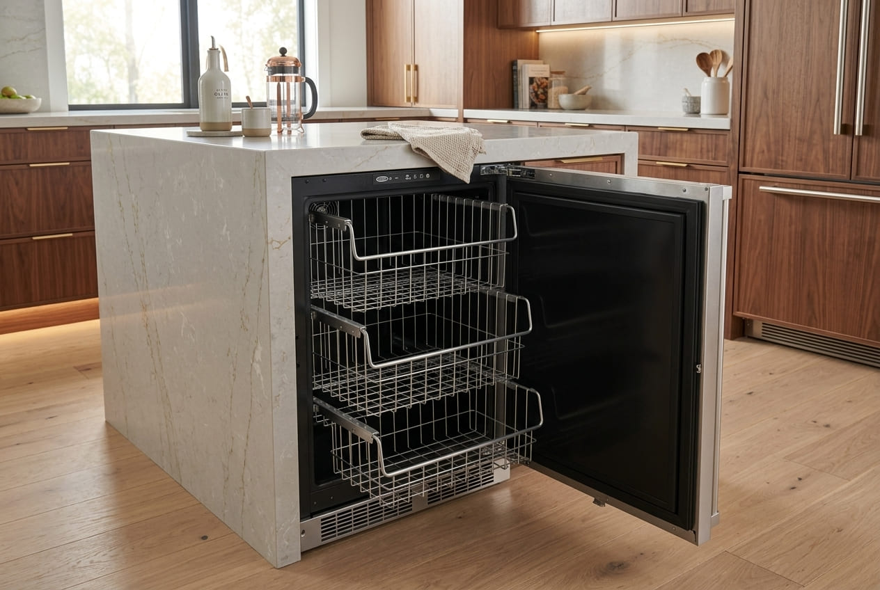 Marvel undercounter Freezer MPFZ424IS31A with door open showing empty wire shelves and baskets, demonstrating accessible interior for DIY maintenance and leak troubleshooting in Atlanta.