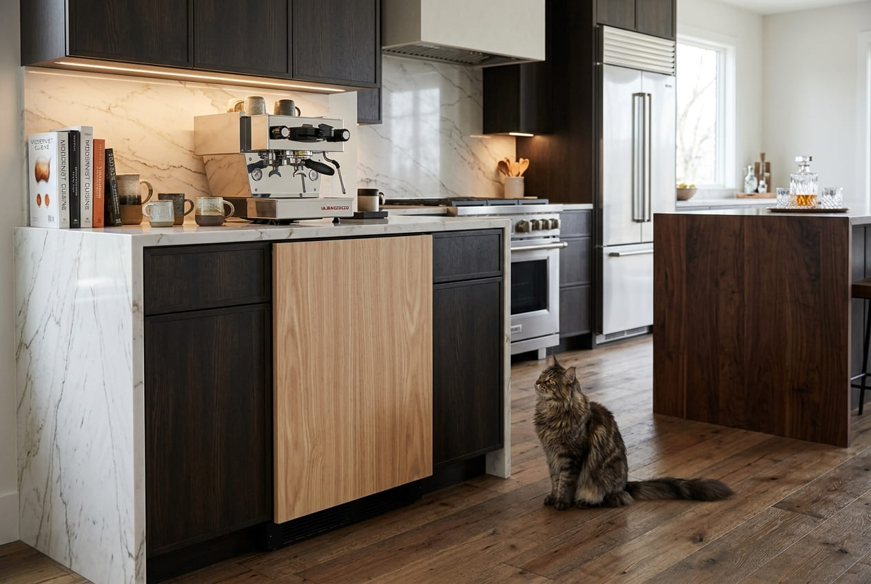 Modern Marvel undercounter Freezer MPFZ424IS31A with light wood panel door, shown in a clean studio setting for water leak repair guide in Atlanta.