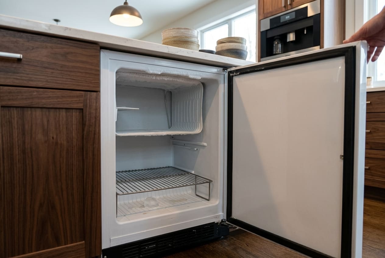 Marvel undercounter freezer MS24FAS2RW with door open showing empty interior and wire shelf, illustrating common temperature issues during troubleshooting in Atlanta.