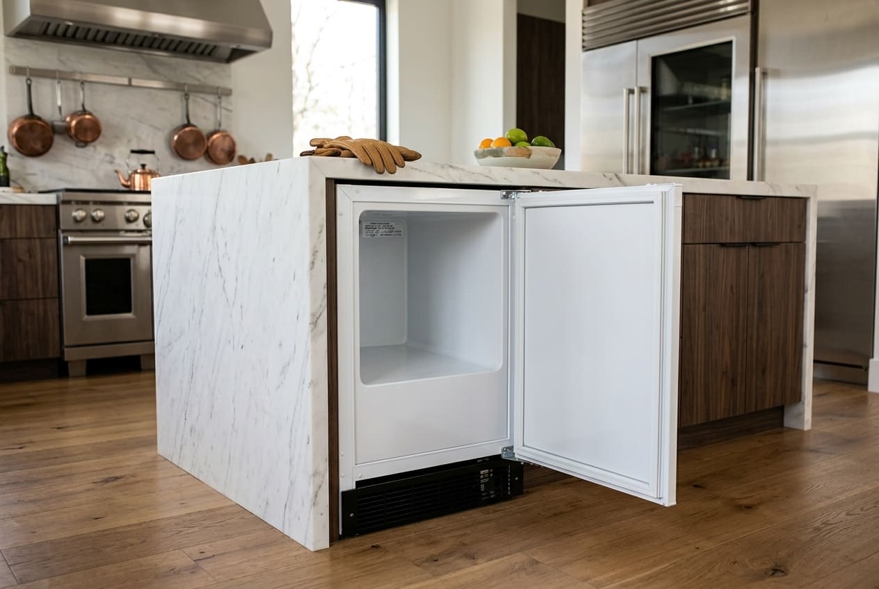 Side angle view of an open Marvel Scientific 15-inch compact freezer model MS15FAS6RW showing an empty white inner chamber and a solid door with a clean rubber gasket, indicating a unit checked by service technicians when a Marvel freezer is too warm.