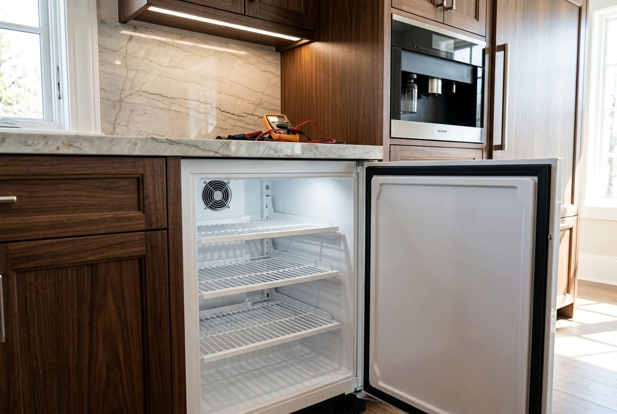 An angled view of an empty white Marvel Scientific undercounter freezer model MS24FAS4RW with its door swung open to reveal the interior shelves, white liner, and air circulation fan used for diagnostic reference when a Marvel freezer is too warm.