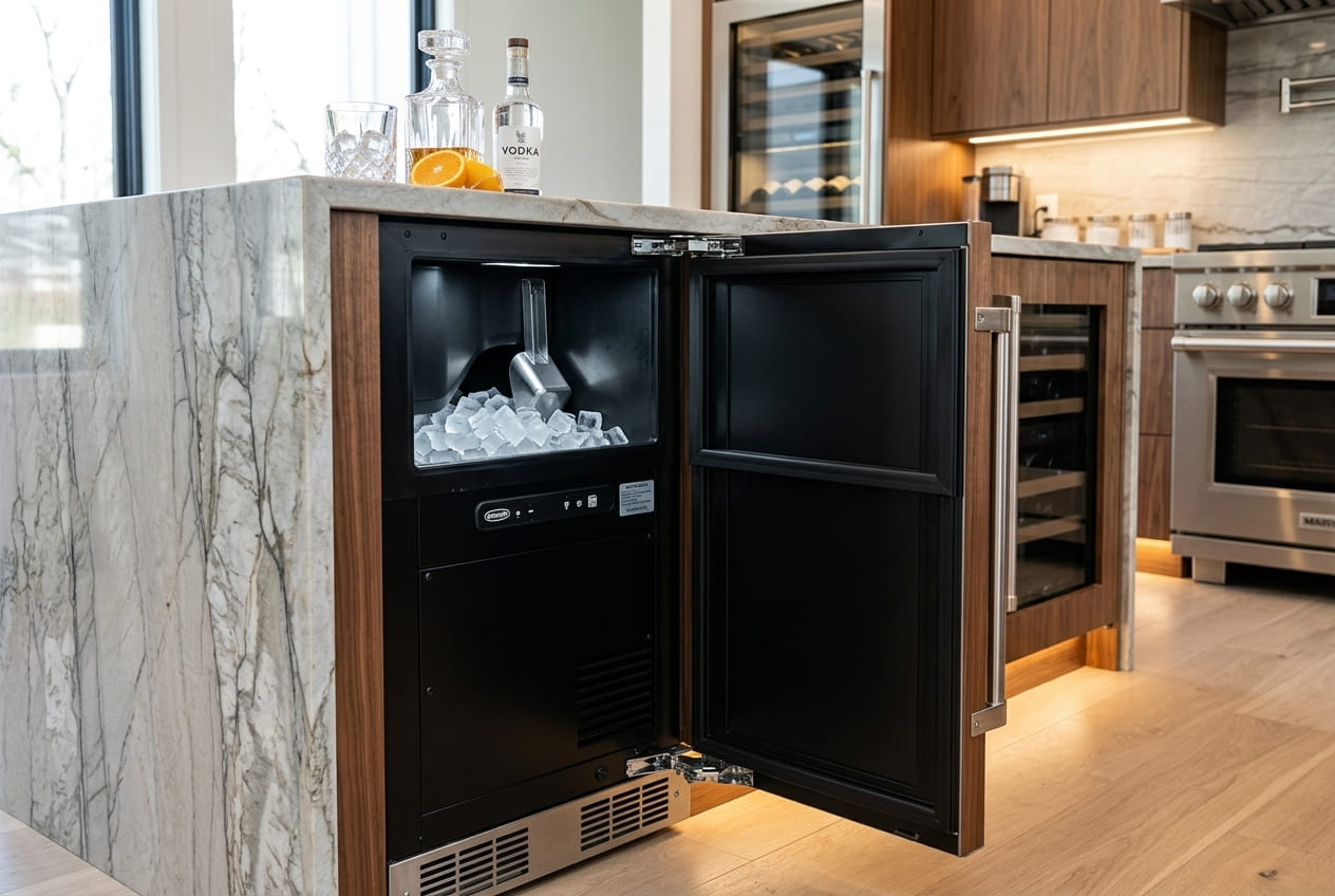 ide view of an open Marvel professional clear Ice maker model MPCP415IS01A showing a black interior cavity, a metal ice scoop resting in the cube bin, and an illuminated control interface, highlighting an appliance setup used to fix a Marvel Ice maker not working.