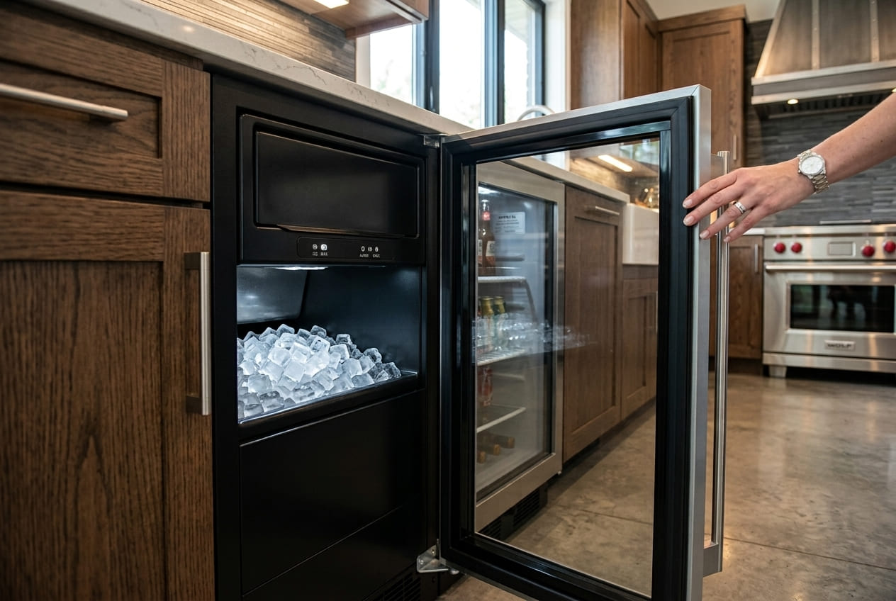 Side view of an open Marvel clear ice machine model MLCP215SS01B showing clear ice cubes inside the storage bin and a glass door swinging open, illustrating an appliance undergoing troubleshooting when a Marvel Ice maker is not working.