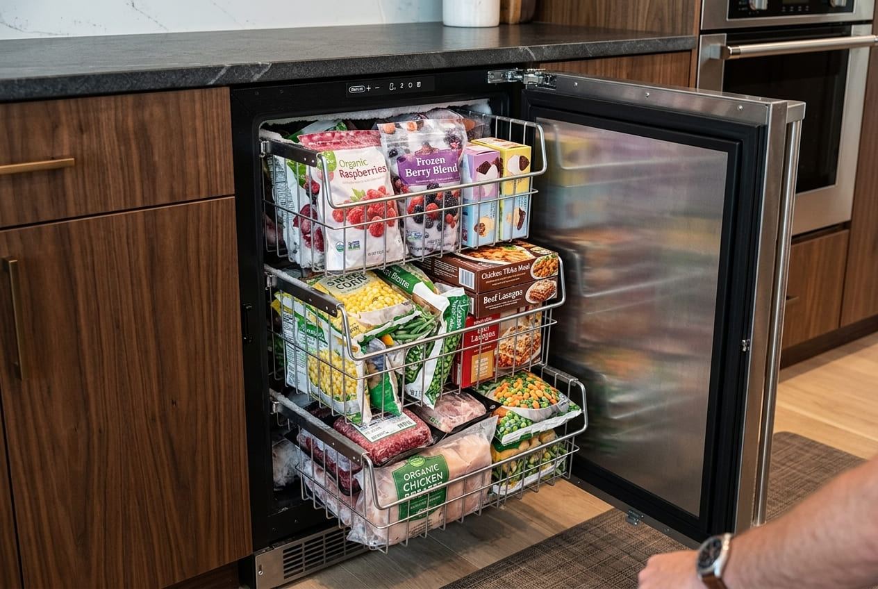 Overfilled Marvel undercounter Freezer MPFZ424IS31A with packed wire baskets full of frozen berries and food items, illustrating common overpacking issues in Atlanta repair guide.