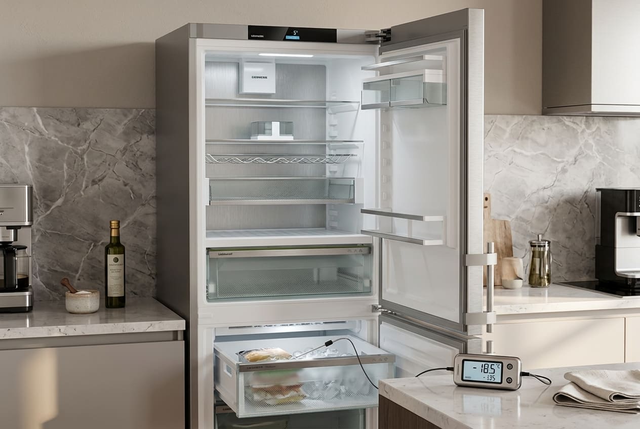 Separate thermometer used to verify Liebherr freezer temperature during F-code diagnosis 
