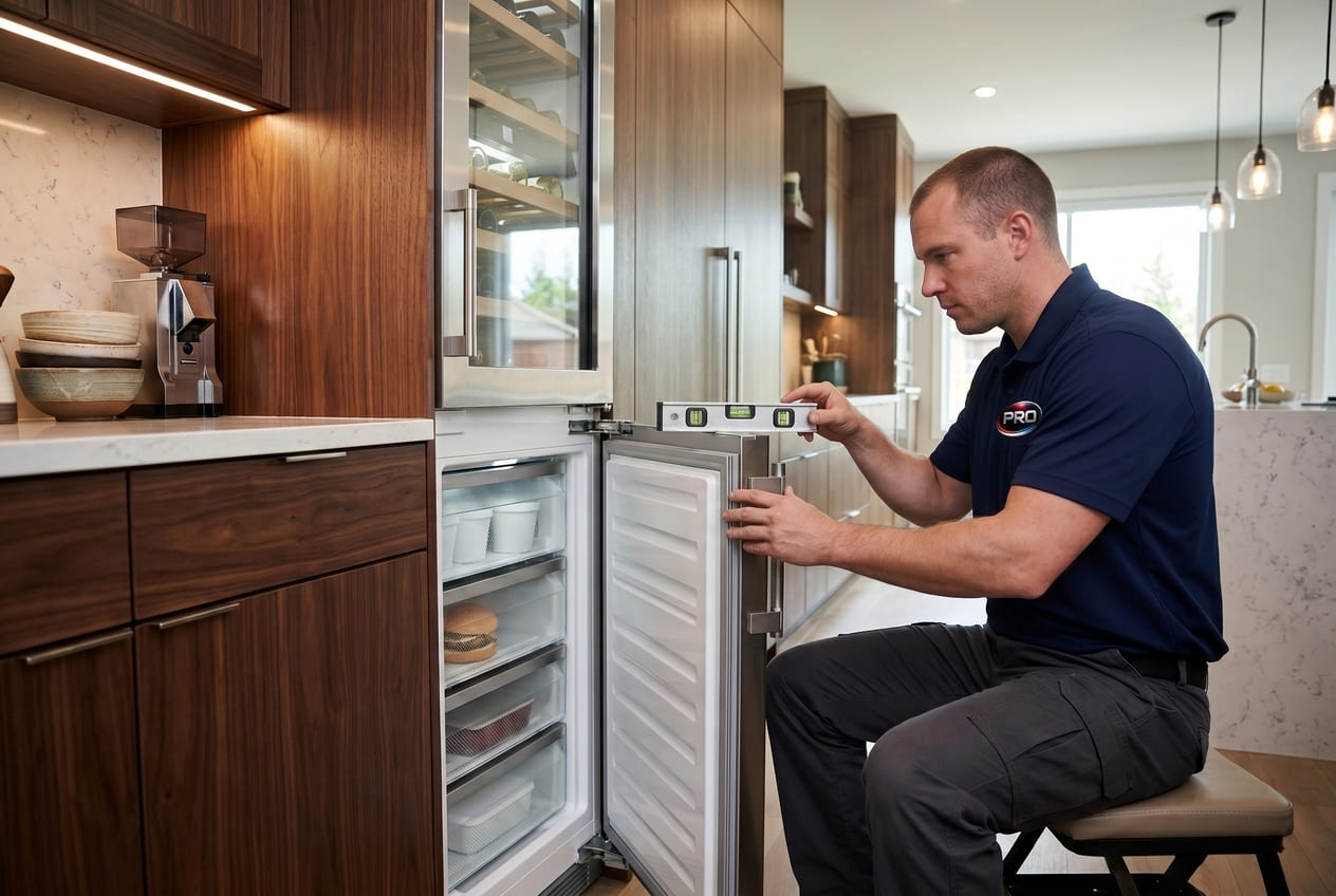 level used to check Liebherr freezer cabinet position and door swing 