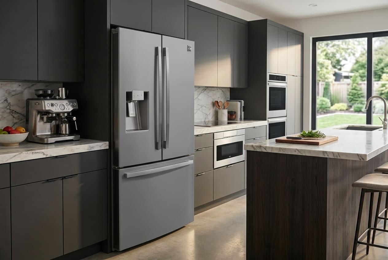 Front view of a stainless gray Kenmore French door refrigerator with bottom freezer drawer and built-in ice and water dispenser on the left door.
