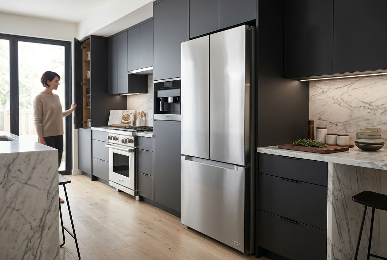 Stainless steel Kenmore French door refrigerator with bottom freezer installed in a stylish modern kitchen with dark cabinetry, marble countertops and natural light.