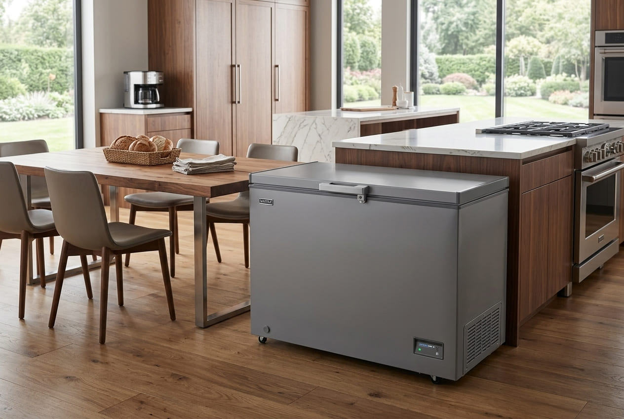 Front view of a closed gray Maytag chest freezer with flat top lid, handle and control panel, model MZCC4316TG.