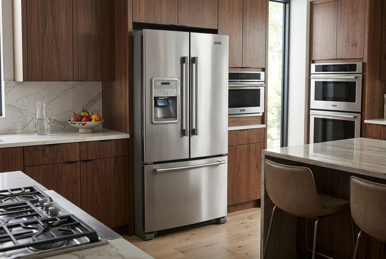 Stainless steel Maytag French door refrigerator MFI2269VEM with external water dispenser to fix Maytag ice maker not working issue