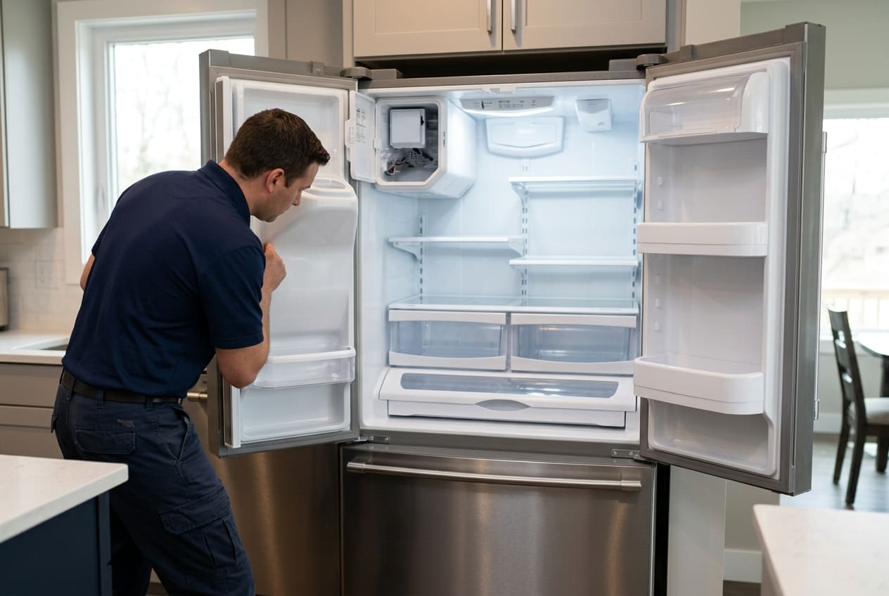 Empty interior view of a stainless steel Maytag French door refrigerator model MFI2269DRM01 with fully open doors and a closed freezer drawer to diagnose a Maytag ice maker not working issue 