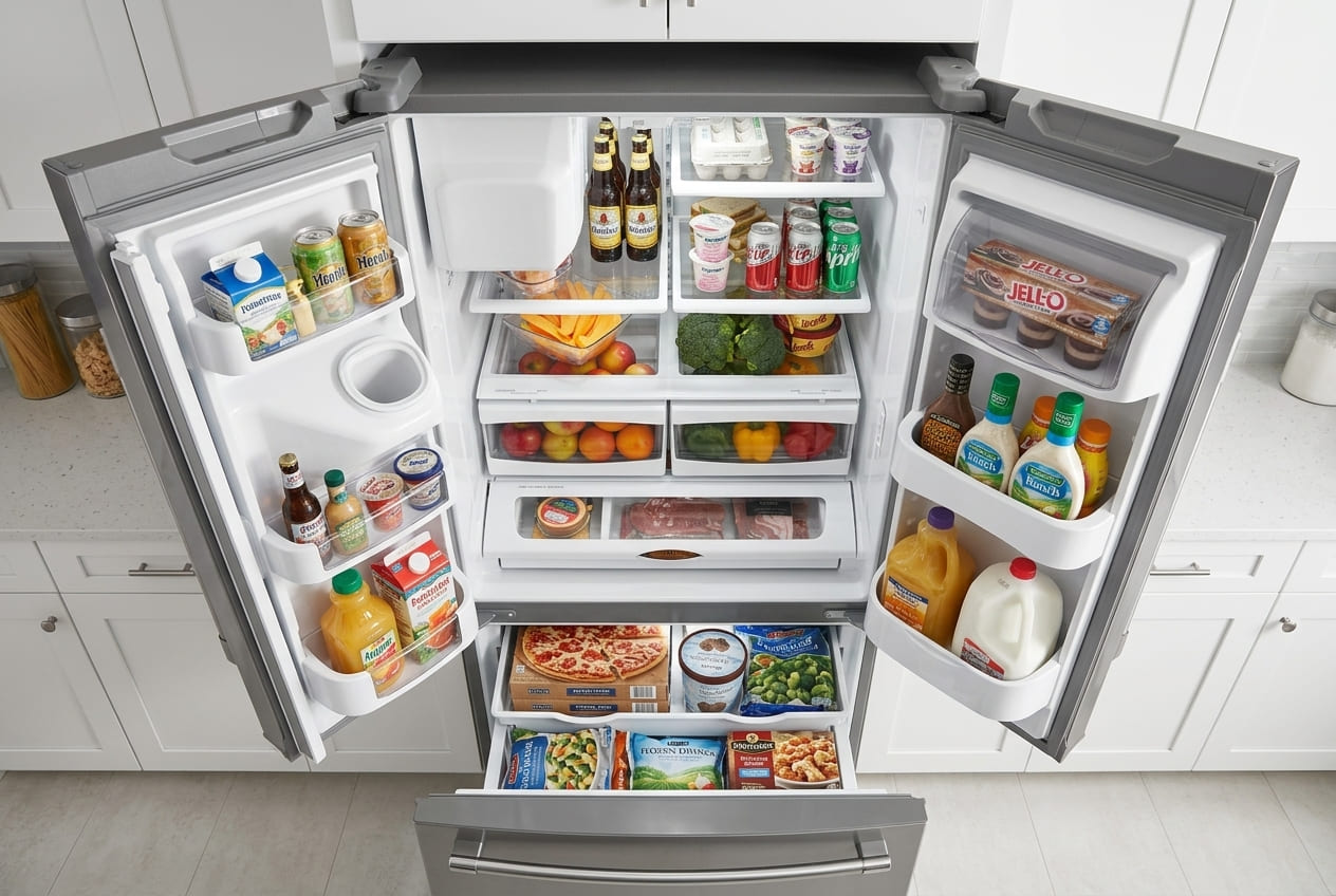 An overhead photograph looking into the fully open, well-stocked interior and freezer drawer of a Maytag French-door refrigerator model MFI2269VEM, showing food and frozen goods, illustrating the diagnostics for a Maytag ice maker not working.
